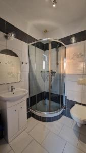 ein Badezimmer mit Dusche, Waschbecken und Toilette in der Unterkunft Na Molo in Głębokie + 47 Fotos