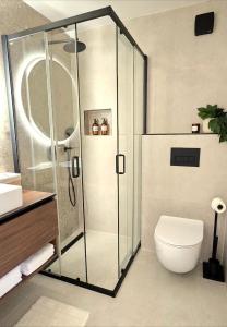 a bathroom with a glass shower and a toilet at Apartmani Stupe in Livno +41 photos
