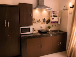 a kitchen with a sink and a microwave at Peaceful Studio with Kitchen in New Delhi