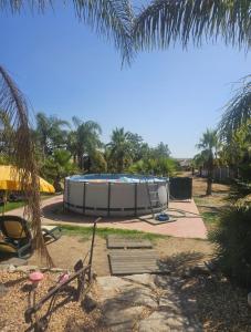a resort with a pool and a bench and palm trees at Casa da Minha Avó in São Pedro de Solis