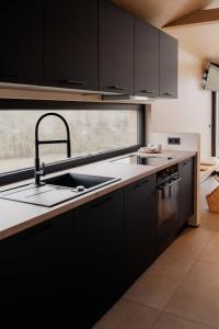 a kitchen with black cabinets and a sink at Hüttenchalets Rhön in Geisa