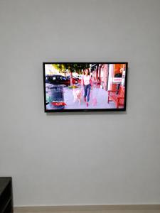 a television on a wall with a woman walking two dogs at Apartman za 6 osoba BOR in Bor