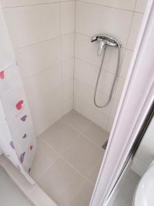 a bathroom with a shower with a shower curtain at Apartman za 6 osoba BOR in Bor +3 photos