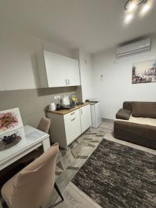 a kitchen and living room with a couch and a table at Apartment White Rose in Bar