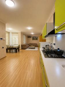 a kitchen and living room with a stove and a counter top at Bilgah Coast Villa in Baku