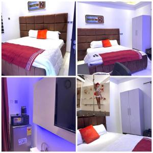 a collage of photos of a hotel room with two beds and a tv at MyTime Hotel in Tamale