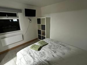 a white bedroom with a bed and a window at Stardust Getaway Tiny-Home E32AK40 in Piltown