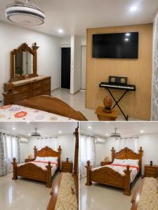 two pictures of a bedroom with two beds and a television at Villa Spa Mega Relax in San Francisco de Macorís