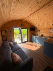 a living room with a couch in a room with wooden ceilings at Blackstairs Glamping Pod 1 in Killann