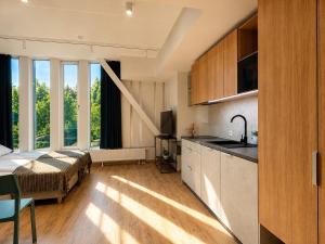 a kitchen and living room with a bed in a room at Emajõe Apartments in Tartu