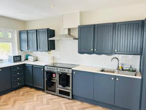 a kitchen with blue cabinets and a sink at The Waterfront House in Kinsale, hosted by Exquisite Holiday Homes in Dunderrow