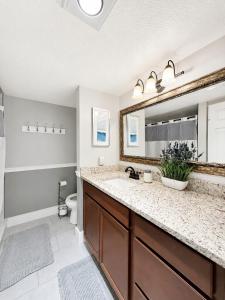 a bathroom with a sink and a toilet and a mirror at Bradenton Oasis Private Backyard and Firepit in Bradenton +17 photos