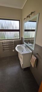 a bathroom with a sink and a mirror at Point Wells Village Bach in Omaha +16 photos