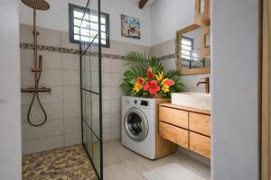 a bathroom with a washing machine and a sink at L Échappée Belle Havre de paix au cœur du verger in Le Moule