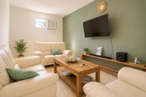 a living room with couches and a flat screen tv at Casa roof in Las Terrenas