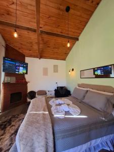 a bedroom with a large bed and a tv at Chalés Refúgio no Campo in Santo Antônio do Pinhal