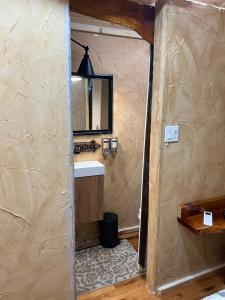 a bathroom with a sink and a mirror at The Last Resort in Ruidoso
