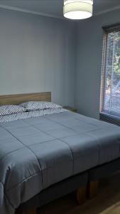 a bedroom with a large bed with a blue blanket at Casa bosque arenal in Pucón