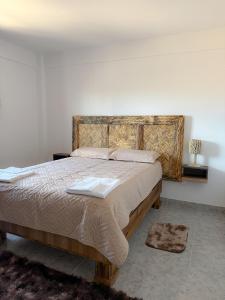 a bedroom with a large bed with a wooden headboard at Apart Mirador del Valle in Cachí