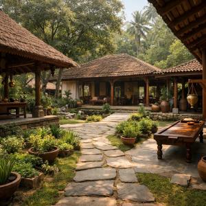 a patio of a house with a bench and a table at Ayu Ayuruveda Villa in Ittapana