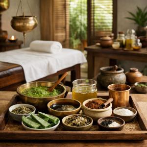 a tray filled with bowls of food on a table at Ayu Ayuruveda Villa in Ittapana +7 photos