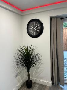 a black clock on a white wall with a potted plant at The Annex EV 10 per night in Southport