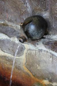 a faucet on a stone wall with a water fountain at Forest Hide Tiny House in Covasna