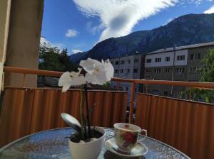 a table with a cup and a flower on a balcony at Mim's Home in Băile Herculane