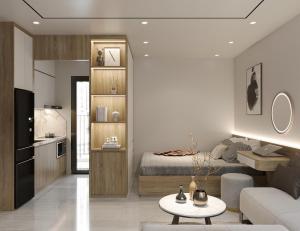 a living room with a bed and a kitchen at Westlake House By Jen in Hanoi