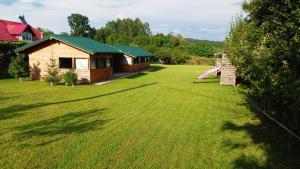 a large yard with a house and a girl on a swing at LA LIVADA in Valea Danului