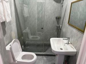 a bathroom with a toilet and a sink and a shower at TUMAR hotel in Zhezdi +12 photos
