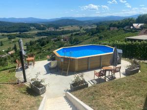 a large swimming pool with chairs and a table at Vineyard Cottage Joanna in Mirna Peč