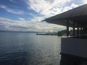 a view of a body of water with a dock at Ferienwohnung am Bodensee in Kressbronn am Bodensee