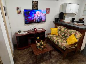 a living room with a couch and a flat screen tv at Casa no Centro, 3 Camas, Garagem, com Netflix e Amazon Prime in Rio das Flores