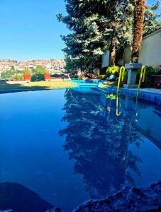 a swimming pool with yellow handles in the water at Guest House Sofia in Sandanski