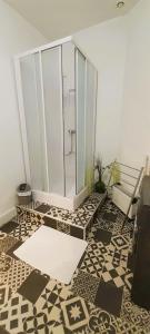 a bathroom with a shower and a tiled floor at Le Silodort - 7 pers - wifi - cour in Vatan +28 photos