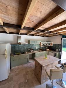 a kitchen with wooden ceilings and a large kitchen island at Atelier Provençal in La Celle-sous-Gouzon