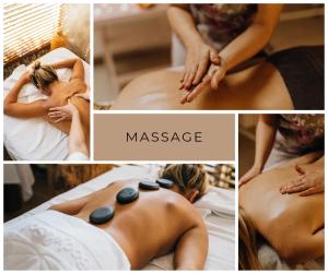 a collage of images of a woman getting massage at Madriel Eko Retreat in Bokonbayevo
