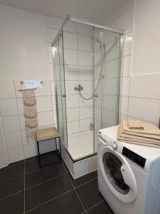 a washing machine in a bathroom with a shower at WeLiving Apartments in Weinheim +133 photos