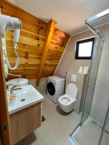 a bathroom with a toilet and a sink and a shower at Golden Horizon in Žabljak +33 photos