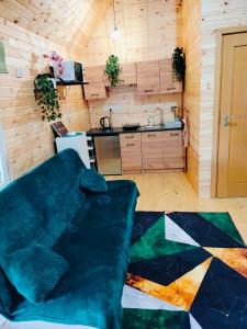 a living room with a couch and a kitchen at Chata z Pary in Giby +7 photos