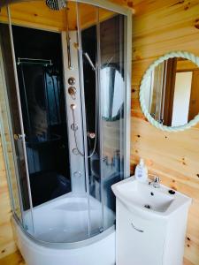 a bathroom with a shower and a sink at Chata z Pary in Giby