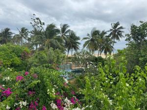 a garden with palm trees and flowers in the background at Bee House in Long Thủy +32 photos