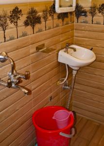 a bathroom with a sink and a red bucket at Bagwan Kainchi Stay in Bhowāli +75 photos