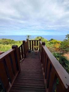 a wooden walkway leading to the ocean on a beach at Le petit meublé des hauts in Grande Ravine +7 photos