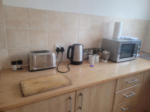 a kitchen counter with a microwave and a toaster oven at Muizenberg Surfers Lodge in Muizenberg