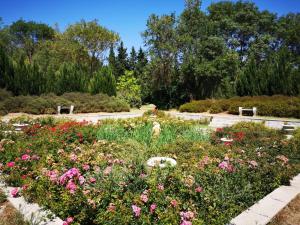 a garden with flowers and benches in a park at La Roulotte in Arles
