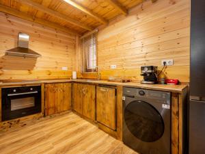 a kitchen with a washer and dryer in a cabin at Green Olive Luxury Villas in Paliouri