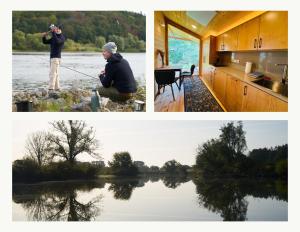 two pictures of a man fishing on a lake at 206 The tiny "Office" House in Bleckede