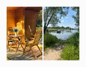 two pictures of a table and chairs next to a lake at 206 The tiny "Office" House in Bleckede